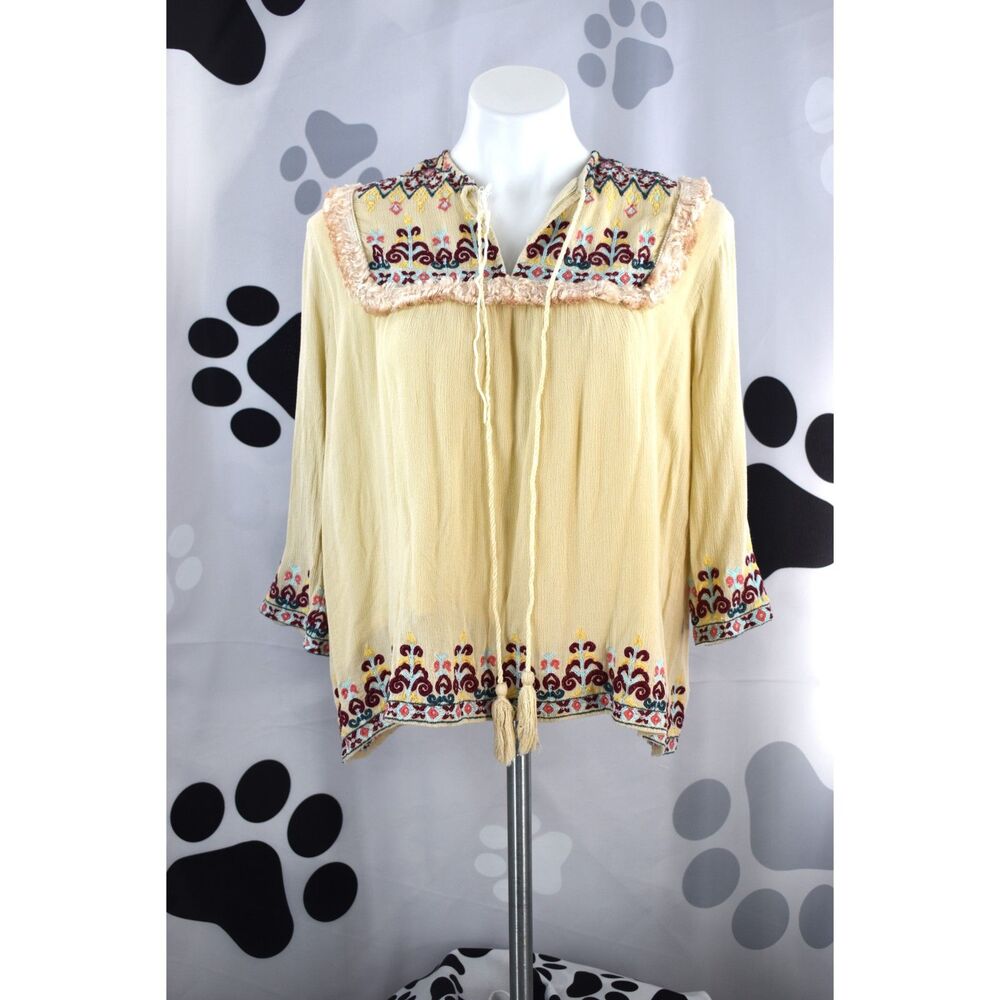 Raga Embroidered 3/4 Sleeve Tassel Tie V Neck Boho Top Tan Beige Size Small Flaw
